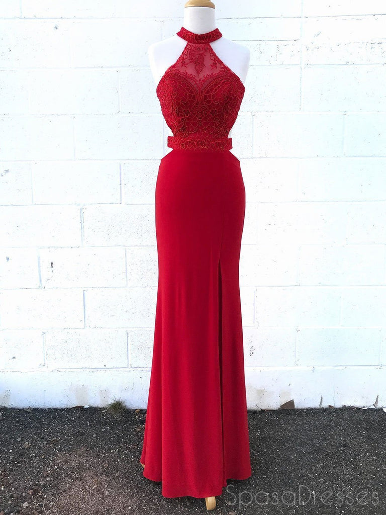Σέξι Κόκκινο Lace Halter Backless Γοργόνων Μακρύ Βράδυ Φορέματα Prom, 17552