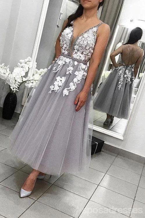 V-neck Grey Lace Cheap Homecoming Vestidos on-line, cheap short prom dresses, CM747