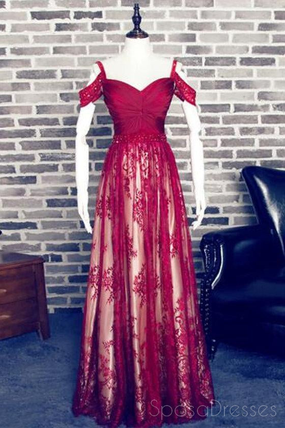 2018 Από Τον Ώμο Σκούρο Κόκκινο Δαντέλα Φθηνά Μακρά Βραδινά Φορέματα Prom, 17502