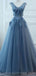 V Neck Dusty Blue Lace Perle Long Evening Prom Robes, Robes de bal pas cher Custom Party, 18585