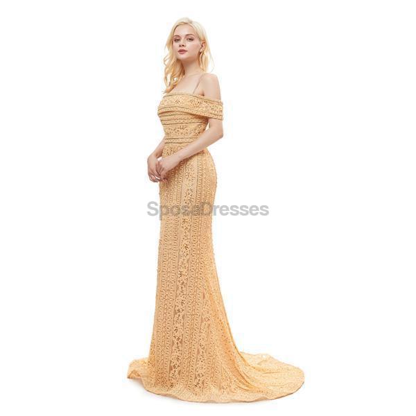 Fora do Shoulder Spaghetti Straps Gold Lace Evening Prom Dresses, Evening Party Prom Dresses, 12056