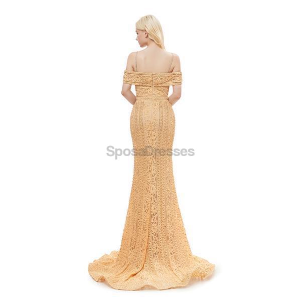 Fora do Shoulder Spaghetti Straps Gold Lace Evening Prom Dresses, Evening Party Prom Dresses, 12056