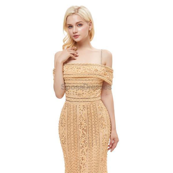 Off Shoulder Spaghetti Straps Gold Lace Evening Prom Robes, Evening Party Prom Robes, 12056