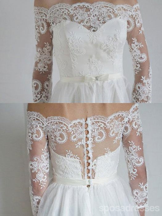 Robes de mariée pas cher en dentelle à manches longues et épaules dénudées en ligne, WD336