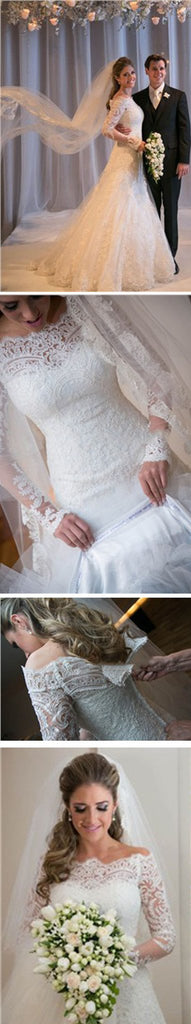 Lindo fora do ombro manga comprida Zip Up longa linha A princesa vestidos de noiva, WD0141