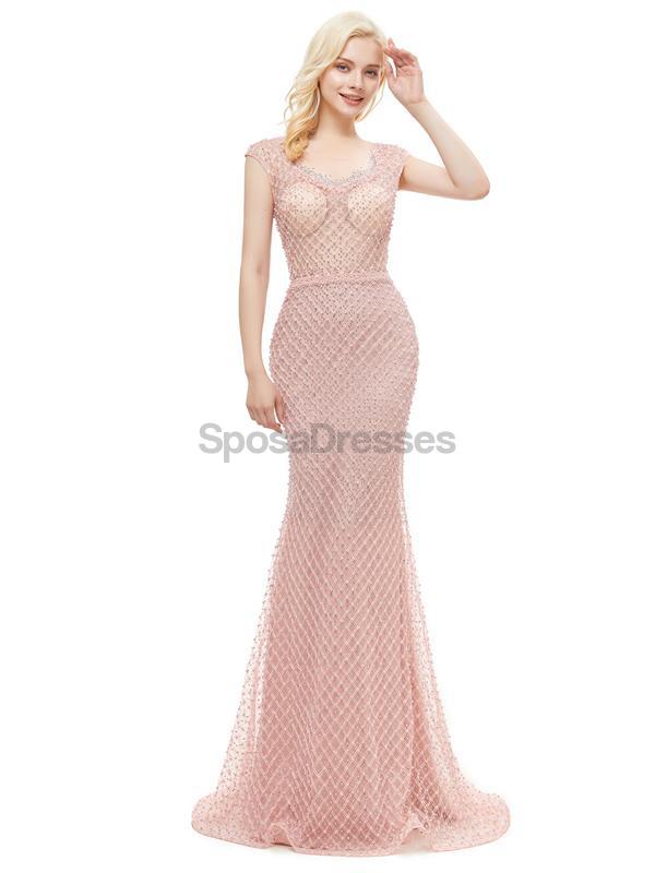Peach Vu à travers Cap-Sleves dentelle perlée sirène robes de bal de soirée, robes de soirée de bal, 12046
