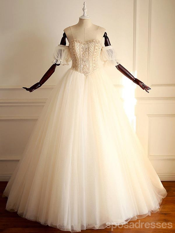 Από τον ώμο διακοσμημένα με χάντρες Α-γραμμών δαντελλών μακριά γαμήλια νυφικά φορέματα συνήθειας φτηνά, WD302
