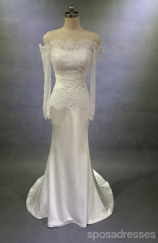 De ombro vestidos de casamento de sereia de cadarço de manga longos, vestidos de casamento feitos alfandegários, vestidos de casamento baratos, WD211