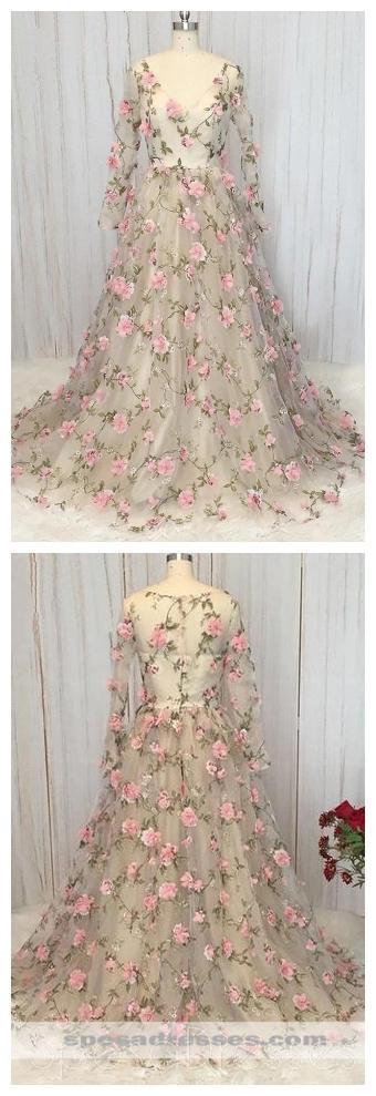 Μακριά Μανίκια Χειροποίητα Λουλούδια Μακρύ Βράδυ Φορέματα Prom, Φθηνή Γλυκό 16 Φορέματα, 18323