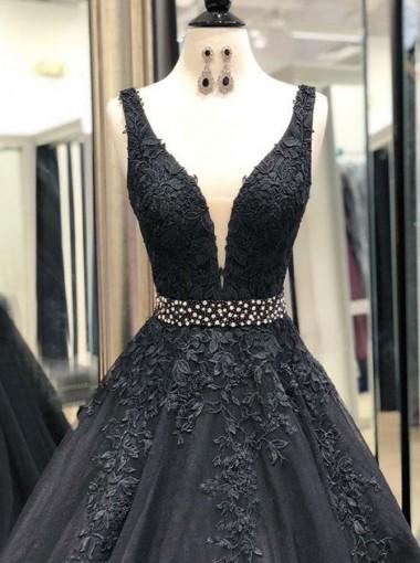 V-Hals Black Lace Beaded A-line Long Evening Prom Dress, Günstige Custom Sweet 16 Dress, 18553