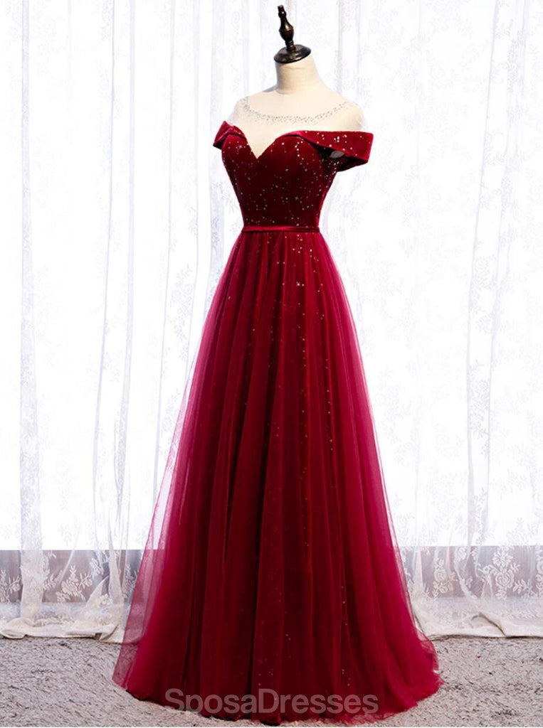 Καπέλο μανίκι κόκκινο Sparkly Tulle Φθηνά βραδινά φορέματα Prom, Βραδινά φορέματα Prom, 12329