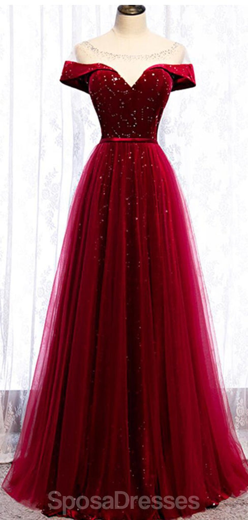 Καπέλο μανίκι κόκκινο Sparkly Tulle Φθηνά βραδινά φορέματα Prom, Βραδινά φορέματα Prom, 12329