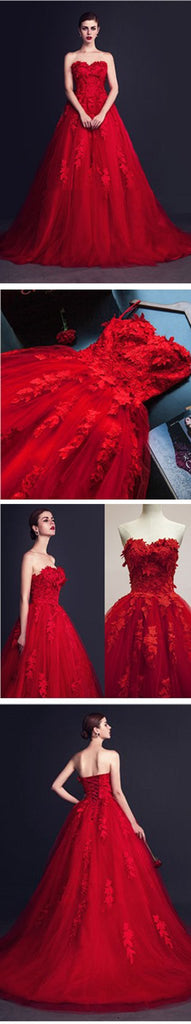 Impressionante vermelho tule querida apliques de renda até vestidos de baile, WD0150