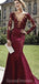 Maroon Manches longues Scoop Neck Lace Mermaid Long Evening Prom Robes, Soirée Party Prom Robes, 12201