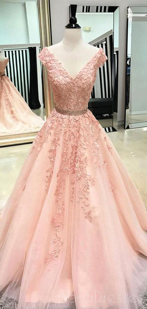 V Neck Cap Sleves Peach Lace A-line Long Evening Prom Dresses, Cheap Sweet 16 Dresses, 18446
