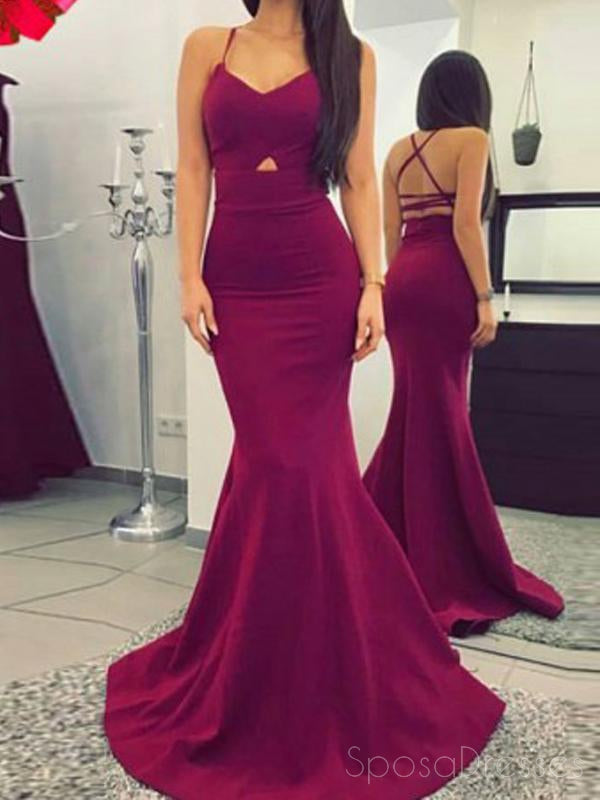 Spaghetti Sexy Backless Straps Red Mermaid Long Evening Prom Dresses, 17584