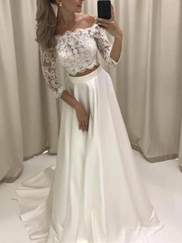 Sexy Off Shoulder Long Sleeve Two Pieces White Evening Prom Dresses, 17467