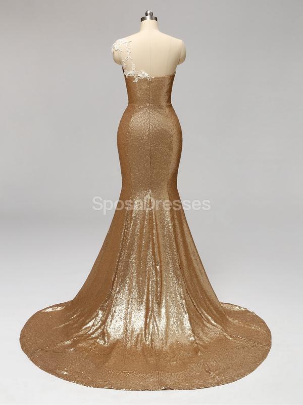 Robe de demoiselle d'honneur longue sirène à paillettes dorée à une épaule