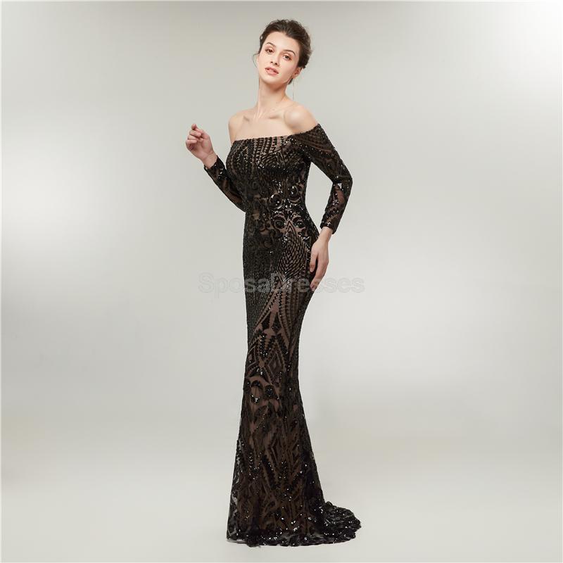Shoulder Long Sleeves Black Sparkly Mermaid Long Evening Prom Φορέματα, Βραδινά Πάρτι Prom Φορέματα, 12014