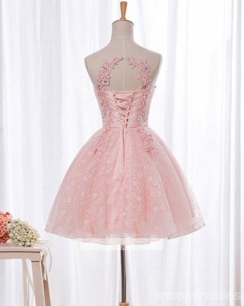 Open Back Pink Lace Beaded Short Homecoming Prom Dresses, Προσιτό κοντό πάρτι Prom Sweet 16 φορέματα, τέλεια φορέματα κοκτέιλ Homecoming, CM369