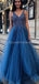 Sexy Dos nu Gris Bleu A-ligne Longue de Soirée, Robes de Bal, Soirée Robes de Bal, 12299