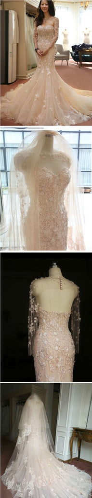 Atordoamento de duas partes rosa sereia de namorado de manga longa ornamenta de aplicação vestidos de casamento, WD0160