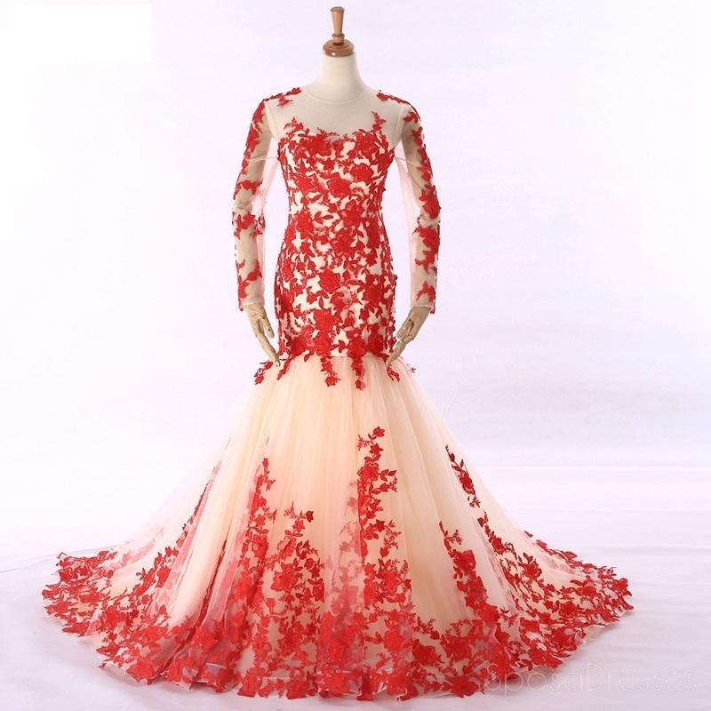 Robes de bal de soirée sirène en dentelle rouge à manches longues, robes Sweet 16 personnalisées bon marché, 18531