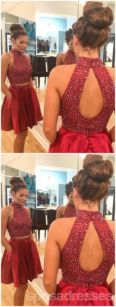 Sexy deux pièces court strass mignon rouge robes de bal 2018, CM484