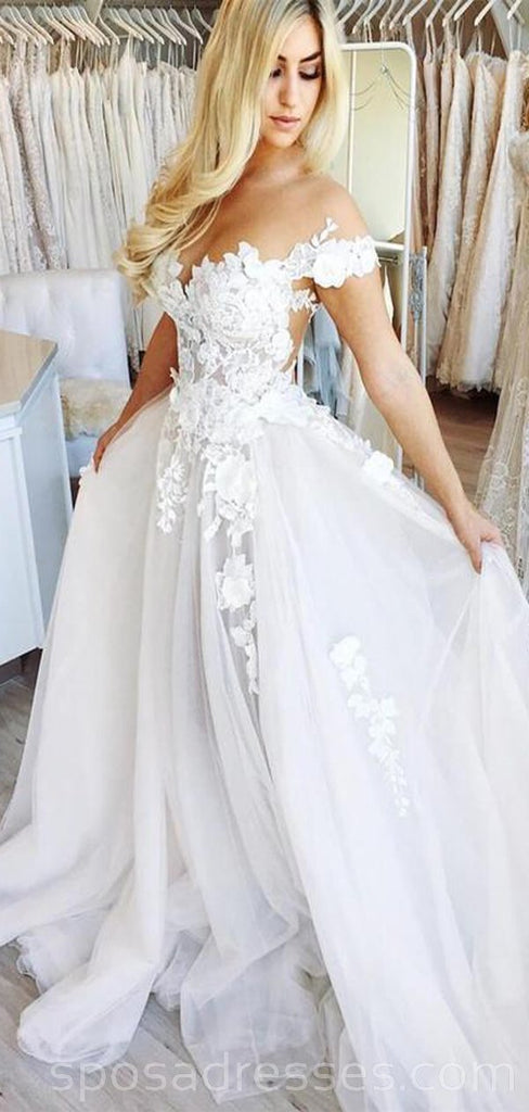 Fora do ombro ver através do laço A linha de vestidos de casamento baratos on-line, vestidos de noiva baratos, WD535