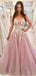 Barato V Neck A-line Lace Pink Long Evening Prom Dresses, Cheap Custom Sweet 16 Vestidos, 18445
