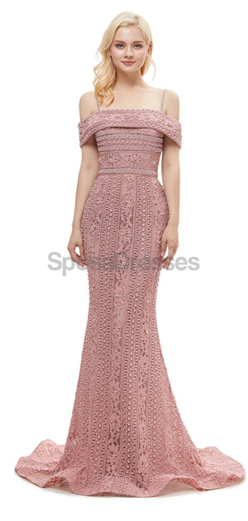 Robes de bal de soirée sirène en dentelle rose poudré à épaules dénudées, robes de soirée, 12049