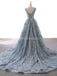 Longues robes de bal de soirée en dentelle bleu poussiéreux à col en V, robes de bal de soirée, 12230