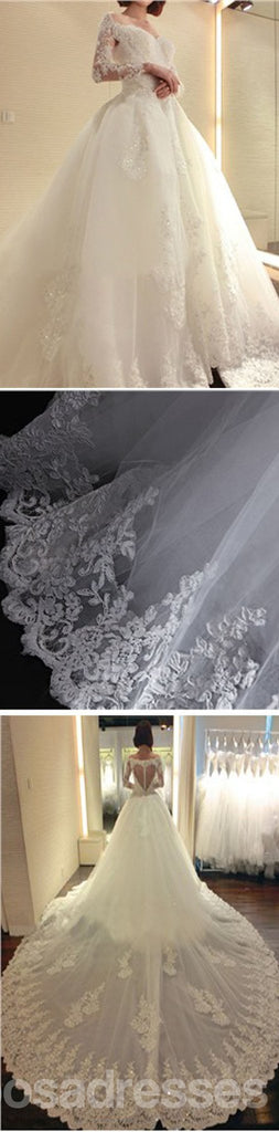 Atordoando manga longa vestidos de casamento de cadarço de vestido de bola de desenho únicos, WD0179