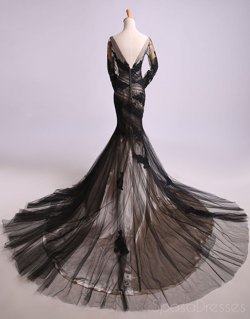 Μακριά μανίκια μαύρη δαντέλα γοργόνα μακρύ βράδυ prom φορέματα, φτηνά γλυκά 16 φορέματα, 18436