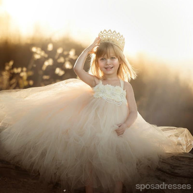 Segure vestidos de menina de flor feitos à mão de marfim, vestidos de tutu de tule encantadores disponíveis, FG029
