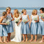 Popular Junior Pretty Blue Satin White Lace Short Bridesmaid Dresses para Summer Beach Wedding Party, WG181