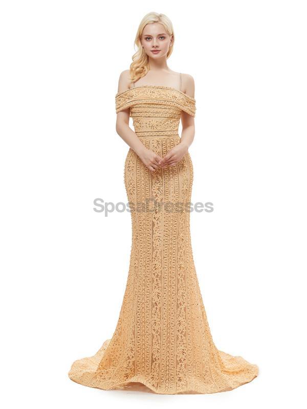 Off Shoulder Spaghetti Straps Gold Lace Evening Prom Robes, Evening Party Prom Robes, 12056