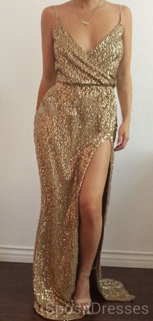 Gold Sparkly Side Slit Long Sexy Evening Prom Dresses, Cheap Custom Sweet 16 Dresses, 18503