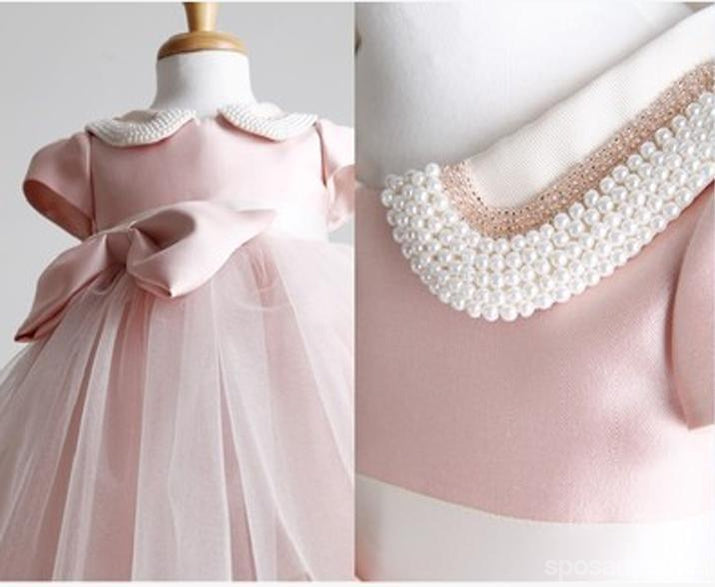 Belle Cap Manches en Tulle Rose Satin des Robes de Fille de Fleur, Abordables Petite Fille Robes, FG031