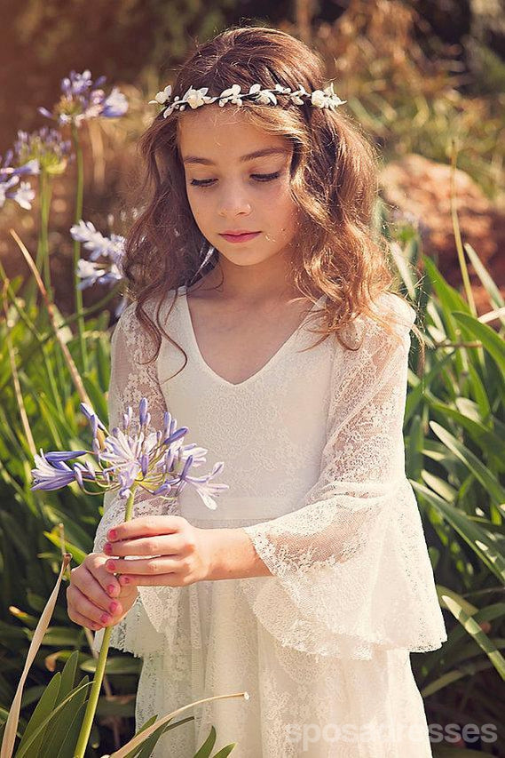 Boho Μακρυμάνικο Φόρεμα λουλουδιών δαντέλας A-line, υπέροχα φορέματα μικρών κοριτσιών, FG063