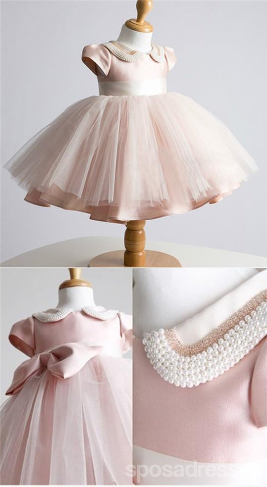 Belle Cap Manches en Tulle Rose Satin des Robes de Fille de Fleur, Abordables Petite Fille Robes, FG031