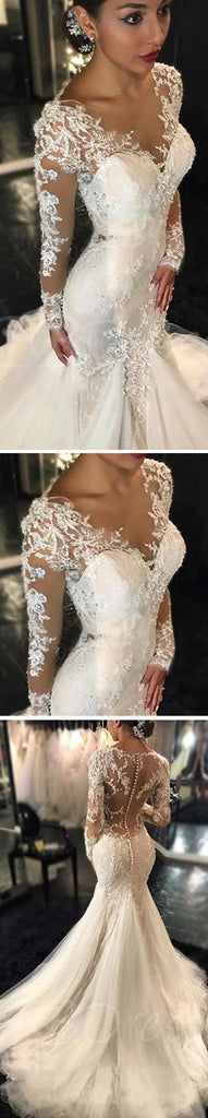 Luxury See through Long Sleeve Sexy Mermaid Lace Tulle Wedding Dress, WDD0198