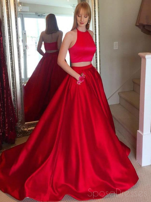Simple Cheap Elegant Fashion Sexy Two Pieces A line Custom Red Long Evening Prom Dress, 17360
