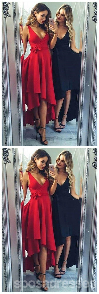 Vestidos de baile vermelhos bonitos simples de decote em V alto baixo 2018, CM560