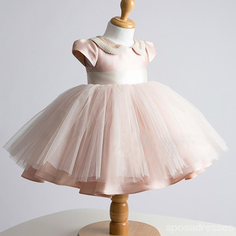 Schöne Cap Sleeve Pink Tulle-Satin-Blumen-Mädchen-Kleider, Günstige Kleinen Mädchen Kleider, FG031