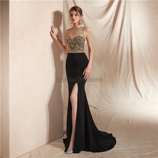 Black Skirt Gold Beaded Side Slit Sexy Mermaid Evening Vestidos, Noite Party Prom Vestidos, 12069