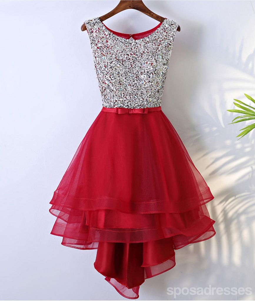 Rhinestone High Low Open Back Rouge Homecoming Dresses, Short Homecoming Dresses, CM241