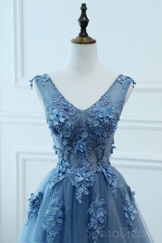 V Neck Dusty Blue Lace Beaded Long Evening Prom Dresses, Φτηνές Custom Φορέματα Prom Party, 18585