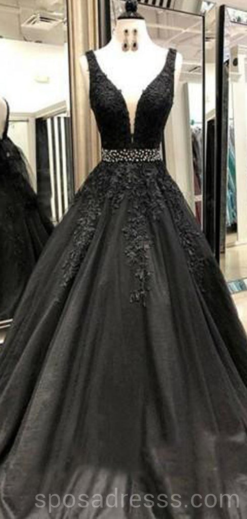 V-λαιμό μαύρη δαντέλα χάντρες α-γραμμή μακρύ βράδυ prom φορέματα, φτηνά custom γλυκό 16 φορέματα, 18553