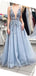 Sexy rückenfreie tiefe V-Ausschnitt staubige blaue Spitze lange Abend Prom Kleider, billige süße 16 Kleider, 18438